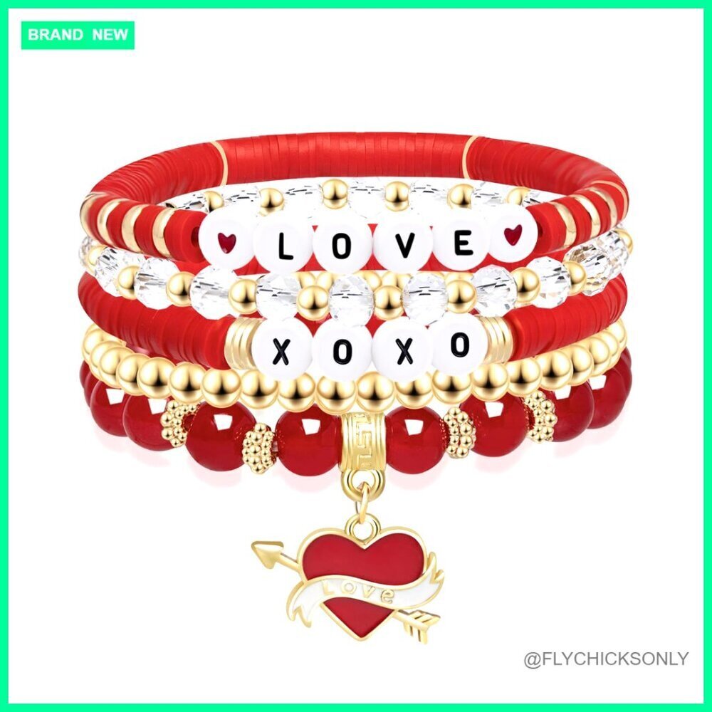 Stretch Love Heart Bracelets, Alloy & Clay Beads, Valentine's Gift Set